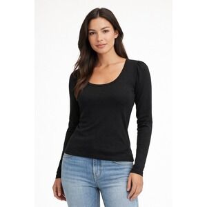 Michael Stars Black Puff Sleeve Scoop Neck Long Sleeve Top OS Classic Basic USA